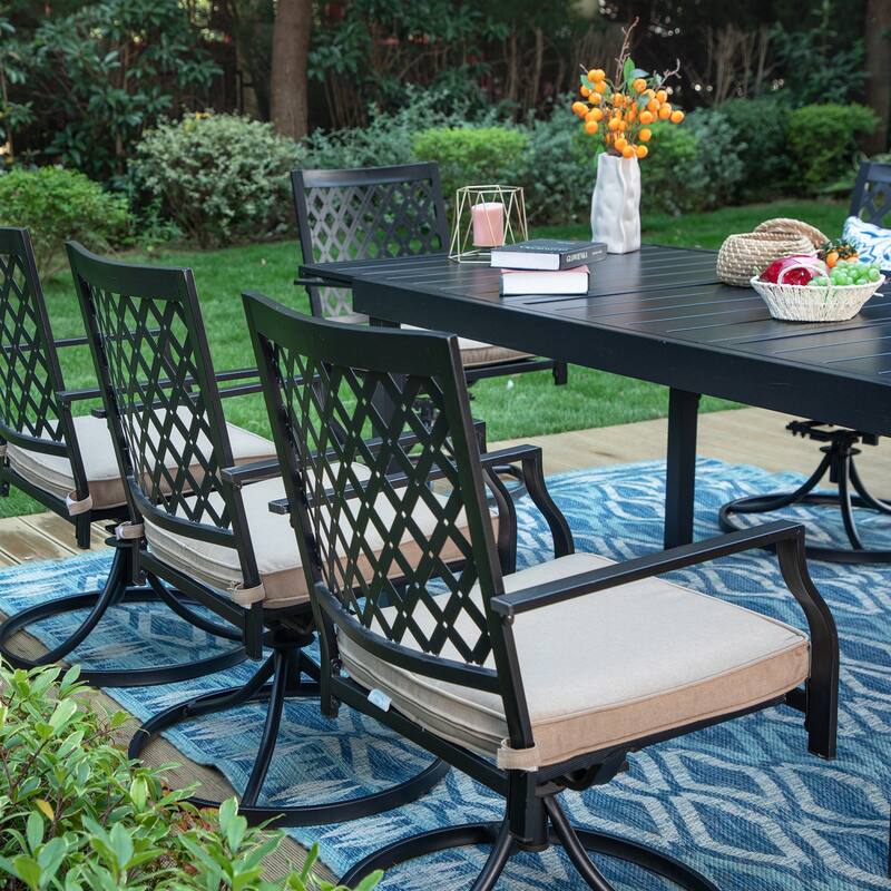 MAISON ARTS Seats up to 6/8 Outdoor Patio Dining Set, 6/8 Metal Mesh Swivel Chairs, 1 Rectangular Expandable Table