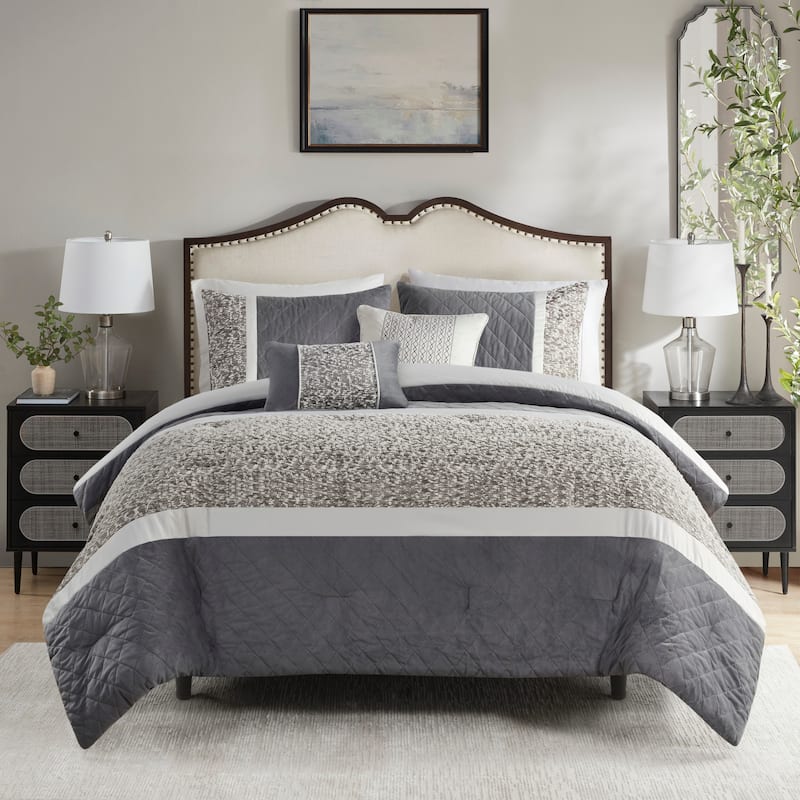 Madison Park Willow 5 Piece Textured Jacquard Stripe Comforter Set with Throw Pillows - Queen