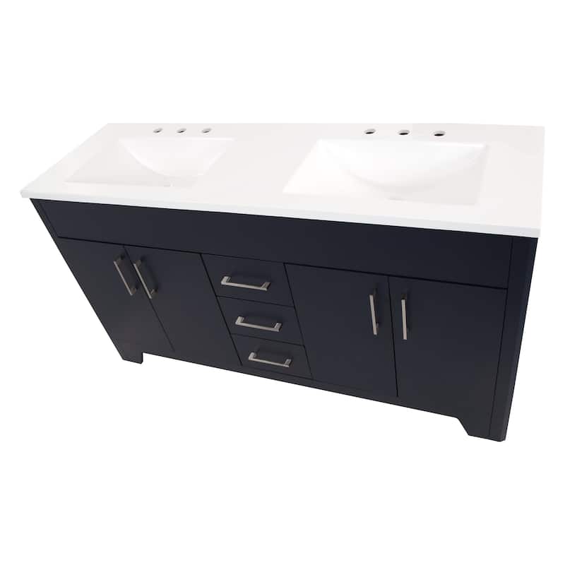 Spring Mill Cabinets Salil 60" Double-Sink Vanity With 2 Cabinets, 3 Drawers, and White Sink Top