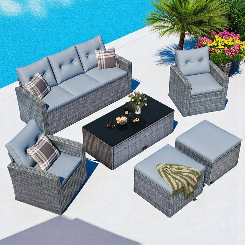 6-Piece Outdoor Patio Furniture Set, PE Wicker Sectional Sofa with Chair,Ottoman, and Glass Coffee Table,Rattan Conversation Set