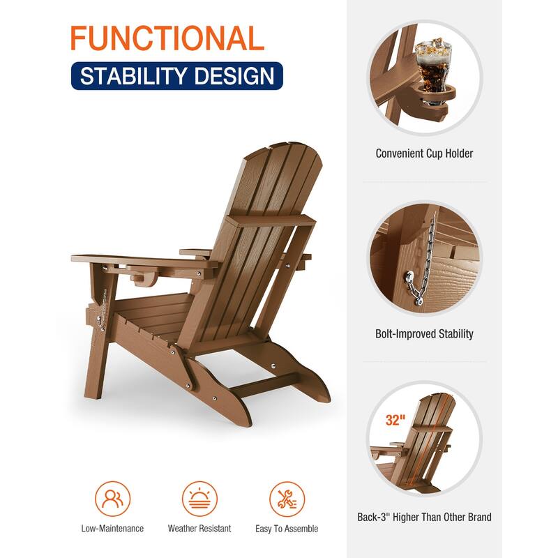WINSOON All Weather HDPE Outdoor Folding Adirondack Chair With Cup Holder,Set of 2