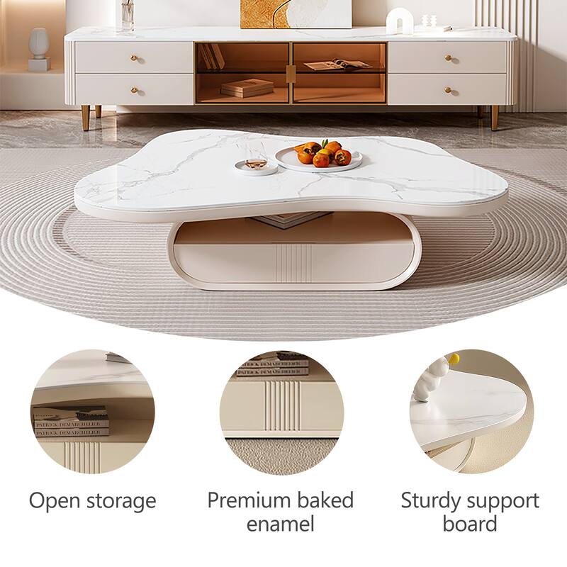 51" White Coffee Table, Cloud Shaped, with Drawers, Sintered Stone Top - 51" X 35"