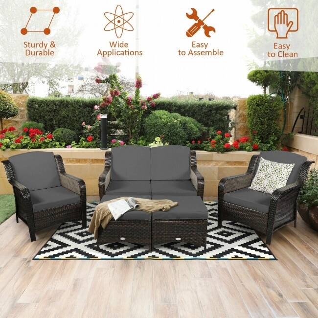 5 Pieces Patio Rattan Sofa Set with Cushion and Ottoman - 51" x 33.5" x 33" (L x W x H)