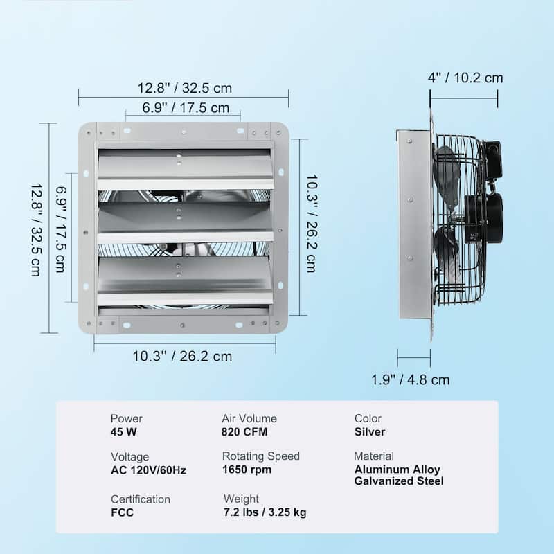 10" Shutter Exhaust Fan, High-speed 820 CFM, Aluminum Wall Mount Attic Fan with AC-motor, Ventilation and Cooling