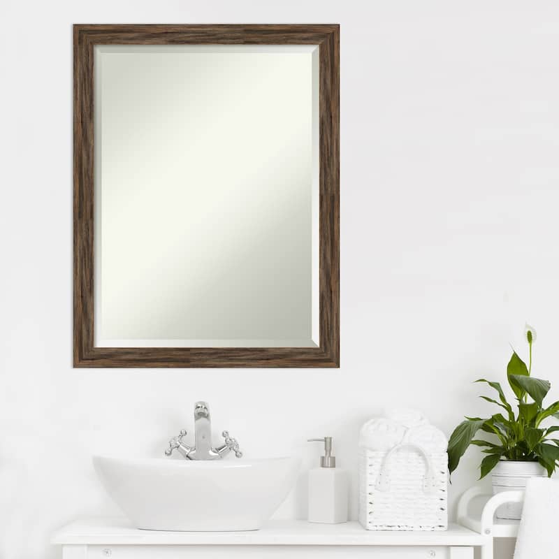 Beveled Wood Bathroom Wall Mirror - Regis Barnwood Mocha Narrow Frame - Regis Barnwood Mocha Narrow