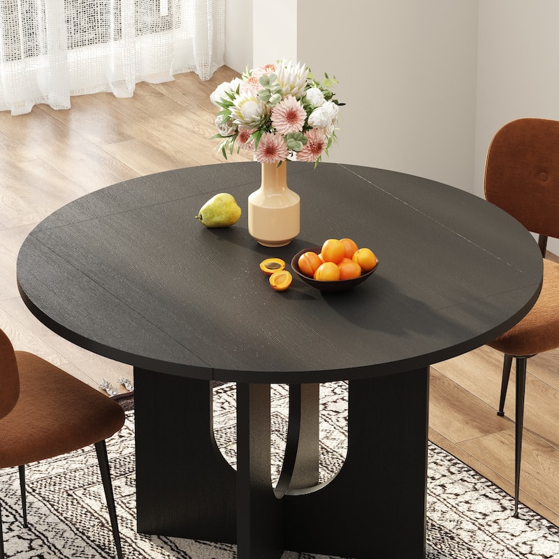 Folding Wood Grain Dining Table with Expandable Round Top Modern Sculptural Base
