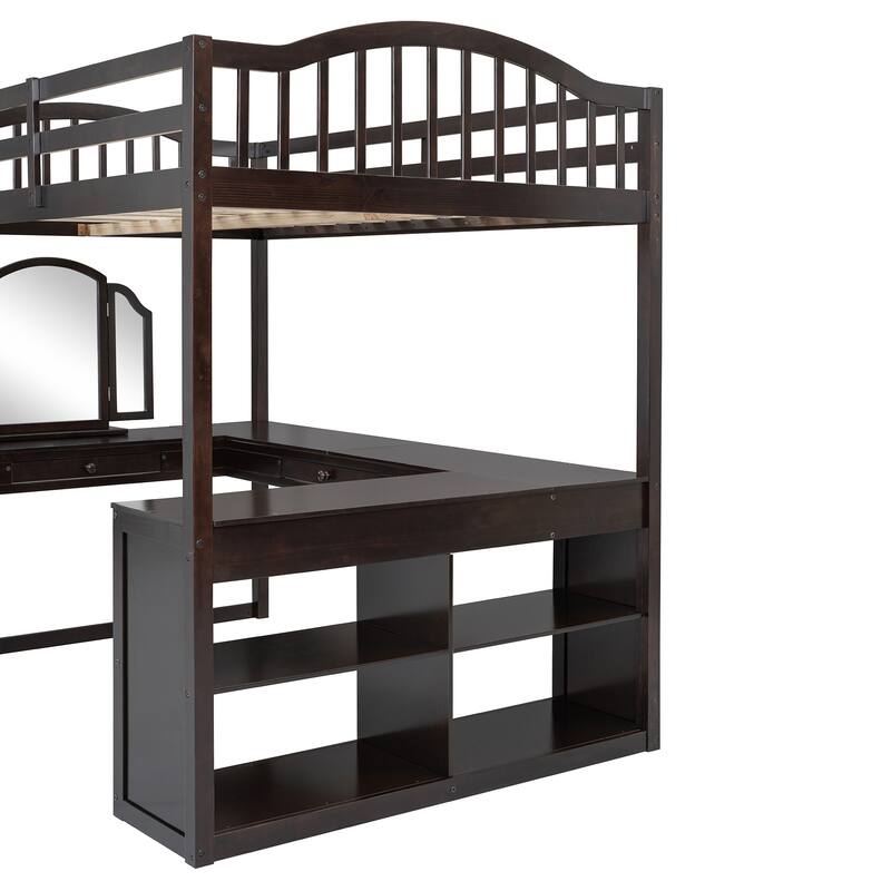Full Size Wooden Loft Bed with U-Shaped Desk, Tri-Fold Mirror & Storage Compartments, Space-Saving Design