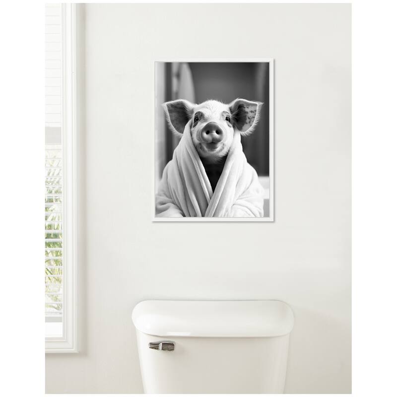 Kate and Laurel Sylvie Pig Bathroom Art Towel Robe Black and White Framed Canvas by The Creative Bunch Studio