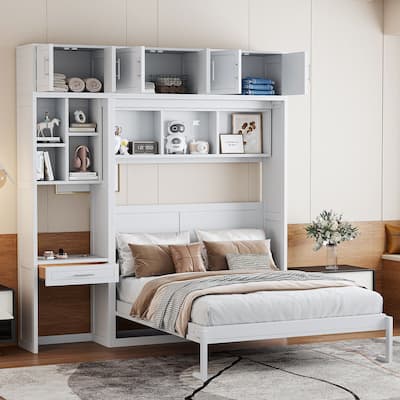 Queen Size White Wall Murphy Bed with Desk, Top Cabinet & Storage Shelves, Space Saving Foldable Bed