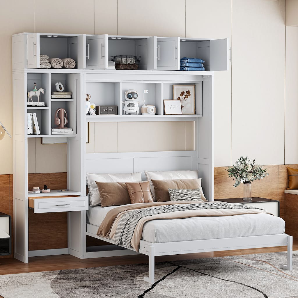 Space-Saving Queen Murphy Bed with Desk, Storage Shelves and Top Cabinets, Foldable Wall Bed in White