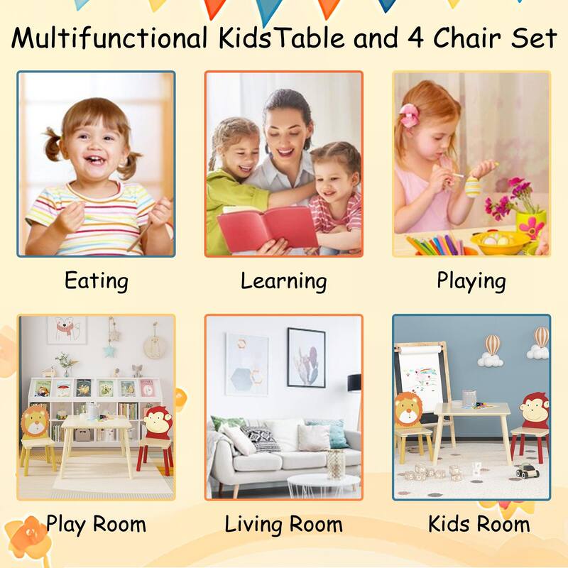 Anmytek Toddler 3-Piece Wooden Table and Chair Set Kids Activity Desk with Animal Backrest for Playroom Nursery