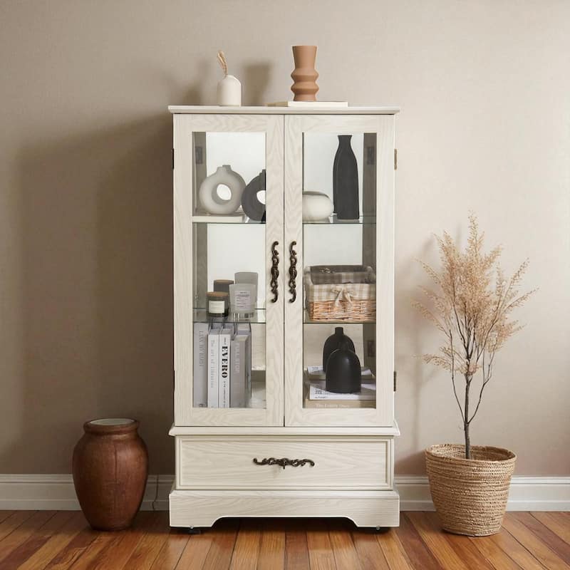 Lighted Glass Curio Cabinet with 2 Doors, Adjustable Shelves, Mirrored Back & Large Drawer, Retro Display Cabinet with Bulb - White