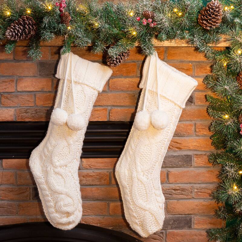 Glitzhome 24"L Knitted Christmas Stocking With Pom Pom Ball