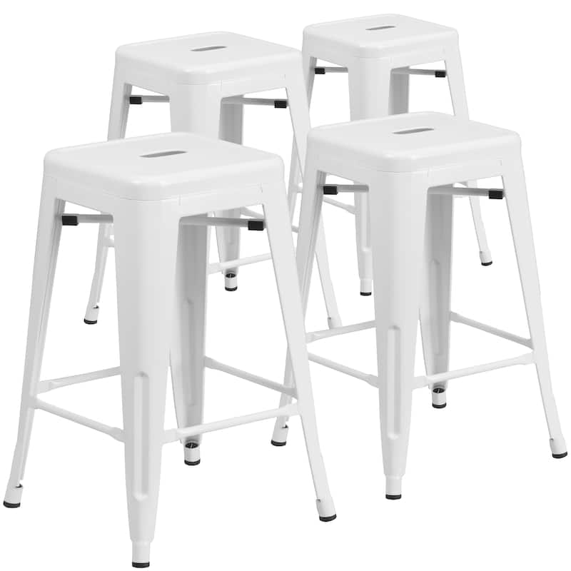 4 Pack 24"H Backless Metal Indoor-Outdoor Counter Height Stool w/Square Seat - White
