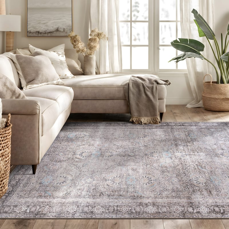 World Rug Gallery Vintage Inspired Machine Washable Non Slip Area Rug - 6' x 9' - Olive - Rectangle