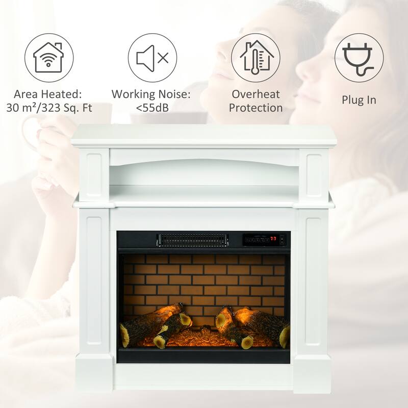 32" Electric Fireplace with Mantel, Freestanding Heater with LED Log Flame, Shelf and Remote Control, 700W/1400W