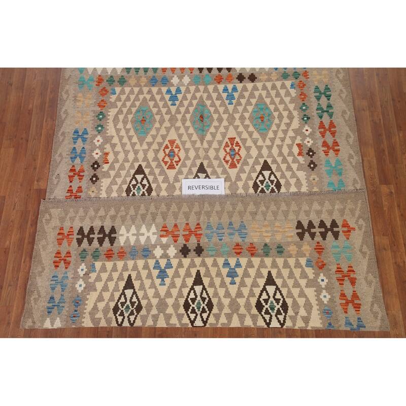 Hand Woven Oriental 100% Wool Carpet Southwestern All-Over Beige & Ivories Kilim Area Rug - 9' 7'' X 6' 9''