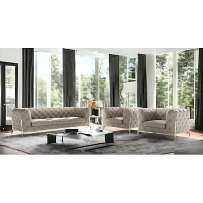 HomeRoots Three Piece Indoor Beige Italian Leather Five Person Seating Set