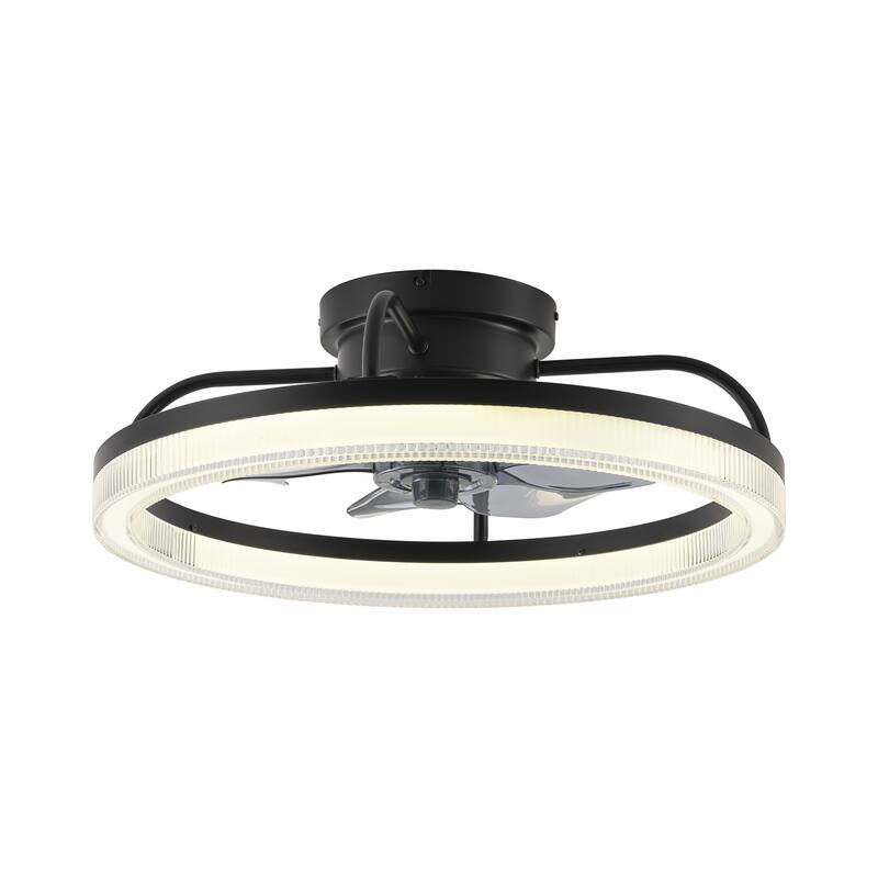 Modern Black Wheel Ring Semi-Flush Color-Change Integrated LED Ceiling Fan Lighting w/ Remote Control
