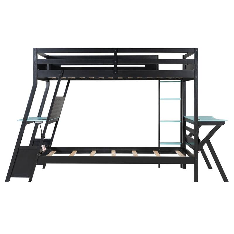Gaming Bunk Bed Two Built-In Gaming Desks Each Side Loft Bed with USB Desktop Ports and Pegboard Organizer for Gaming Room Gamer
