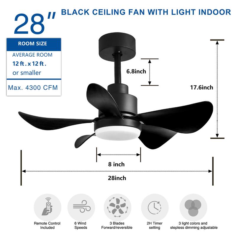 28 Inch Small Ceiling Fan with Lights Remote, 5 Blade Propeller Smart Ceiling Fan, 6 Speeds 3 Colors for Bedroom Kitchen