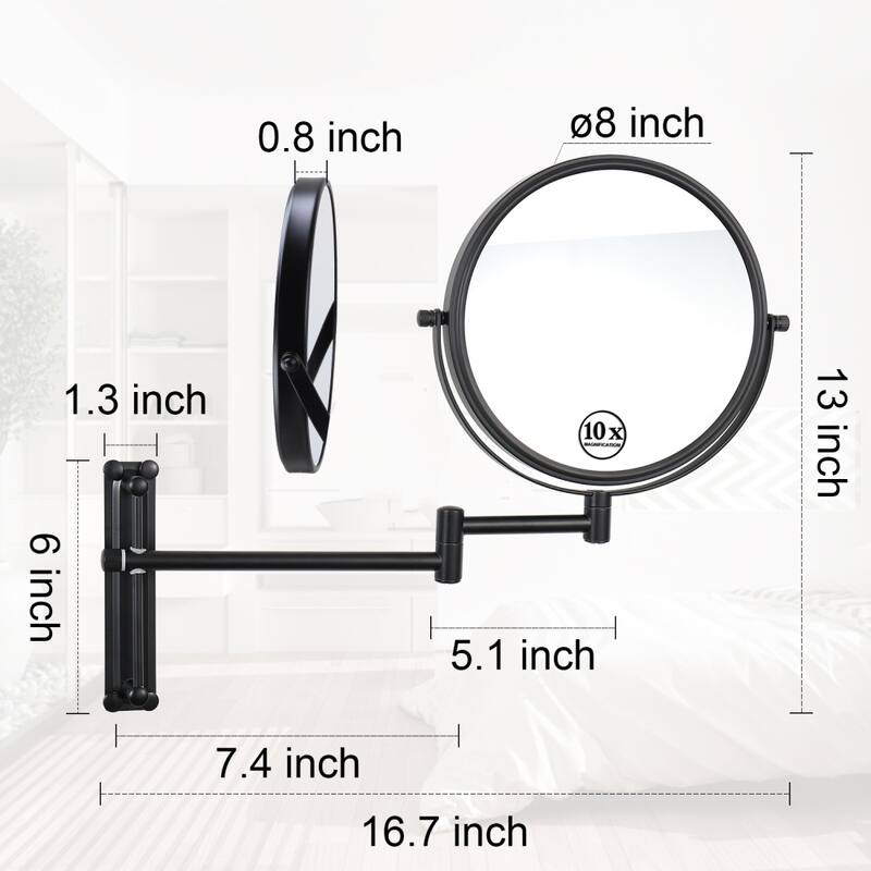 8 in. Wall Mounted Makeup Mirror in Black with Height Adjustable