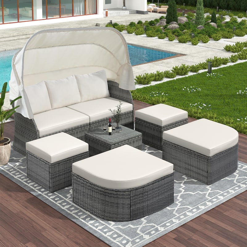 Outdoor Patio Furniture Set Daybed Sunbed with Retractable Canopy Bed