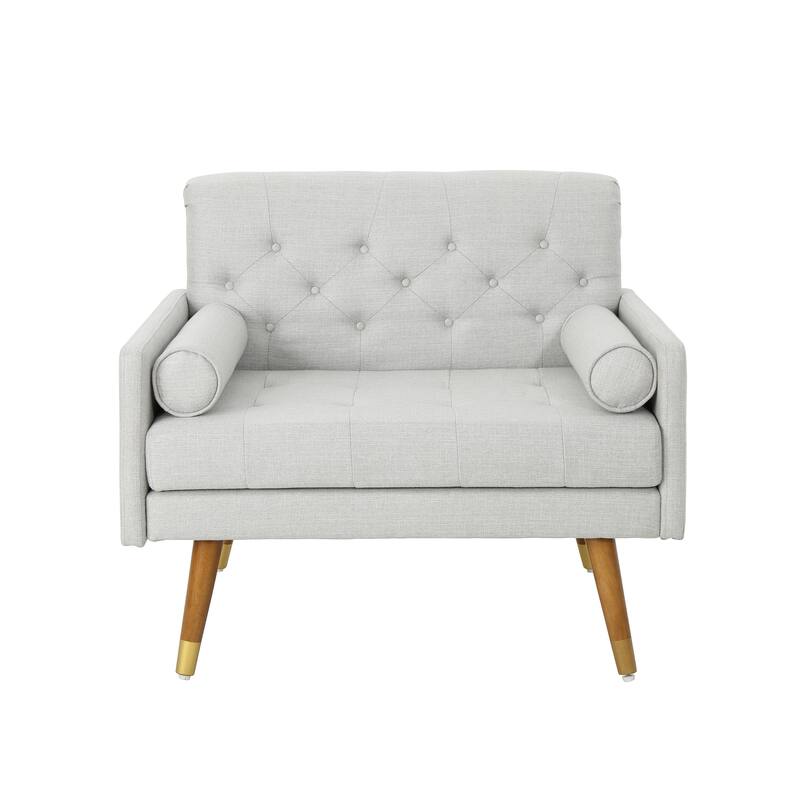 Light Grey Modern 38.25" Upholstered Button Tufted Club Chair with Bolster Pillows and Rubber Wood Legs