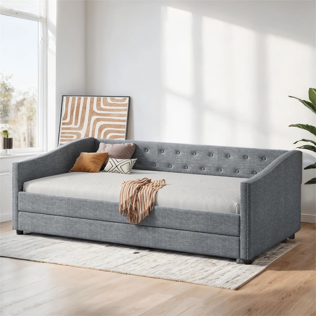 Upholstered Tufted Twin Size Daybed with Twin Size Trundle Sofa Bed