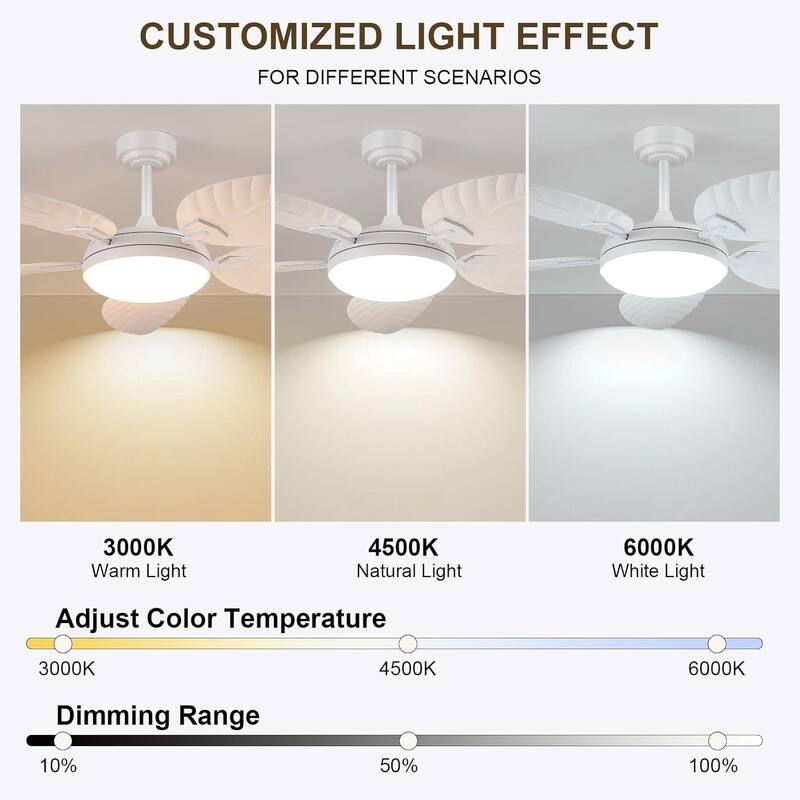 52" Waterproof Indoor and Outdoor Ceiling Fans with Lights, APP and Remote Control, Dimmable Farmhouse Ceiling Fan - 52 Inches