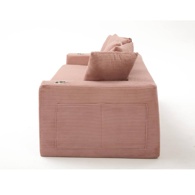 Modern Convertible Loveseat Sofa Bed, Corduroy Fabric Foldable Floor Couch w/5 Pillows, Side Pockets & Cup Holders, No Assembly