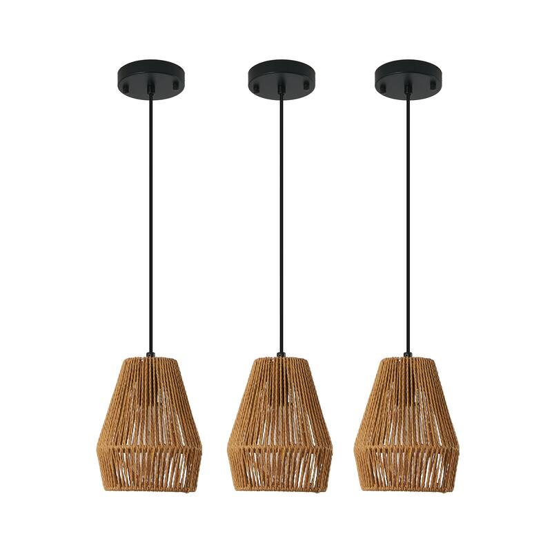 7" Set of 3 Rustic Hemp Rope Pendant Light, Handcrafted Farmhouse Hanging Light Fixture, Adjustable Height Ceiling Lamp - Wood