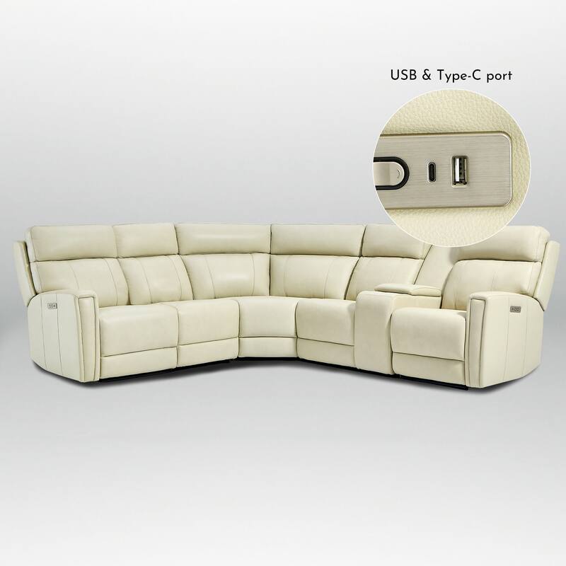 116" W L-Shaped Genuine Leather Power Reclining Sectional Sofa with Console, Ajustable Headrest, USB PortS, 1 Power Armlesschair