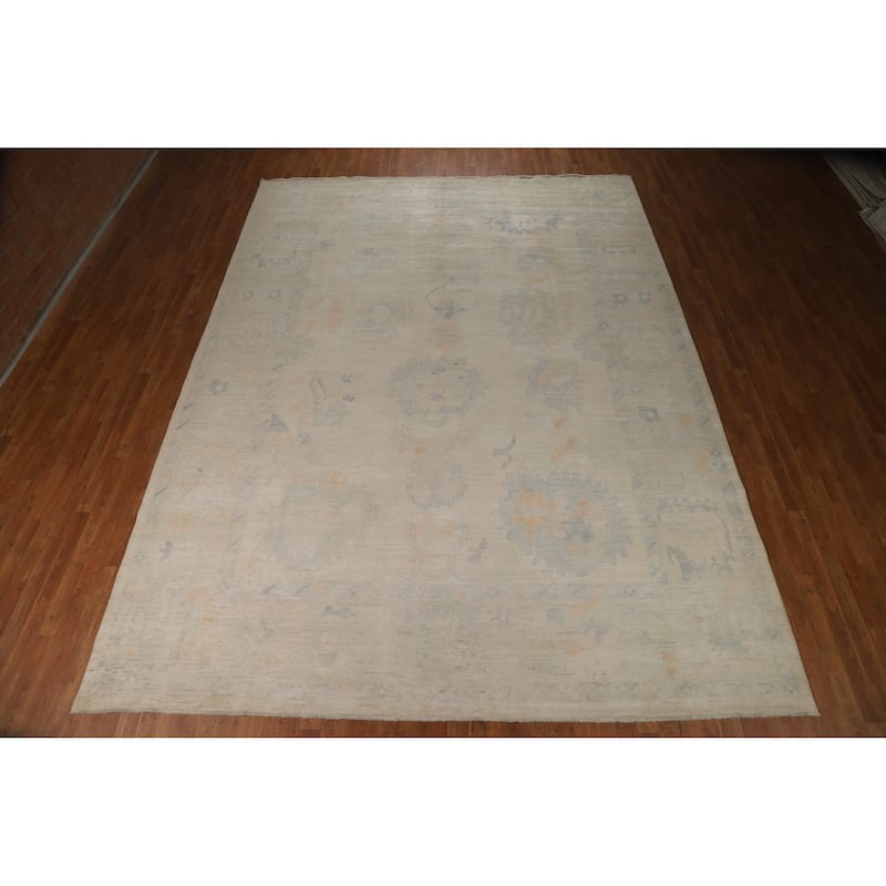 Hand Knotted Oriental 100% Wool Carpet Transitional All-Over Beige & Ivories Oushak Area Rug - 13' 9'' X 10' 0''