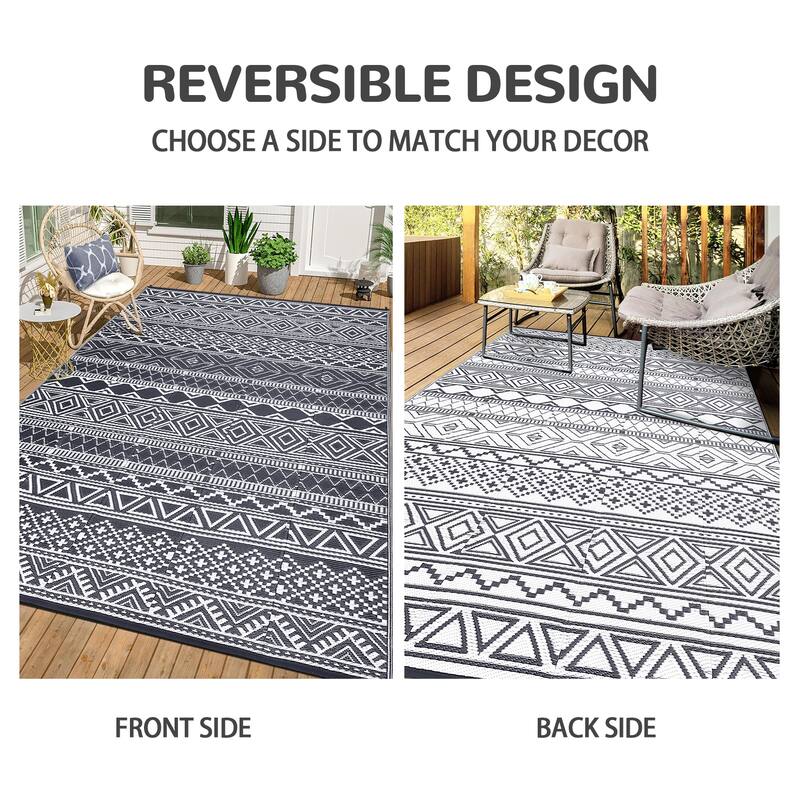 Outdoor Rug Waterproof Patio Rug Mat Geometric Rug Plastic Straw Outside Rug for RV Camping Picnic Reversible Rug