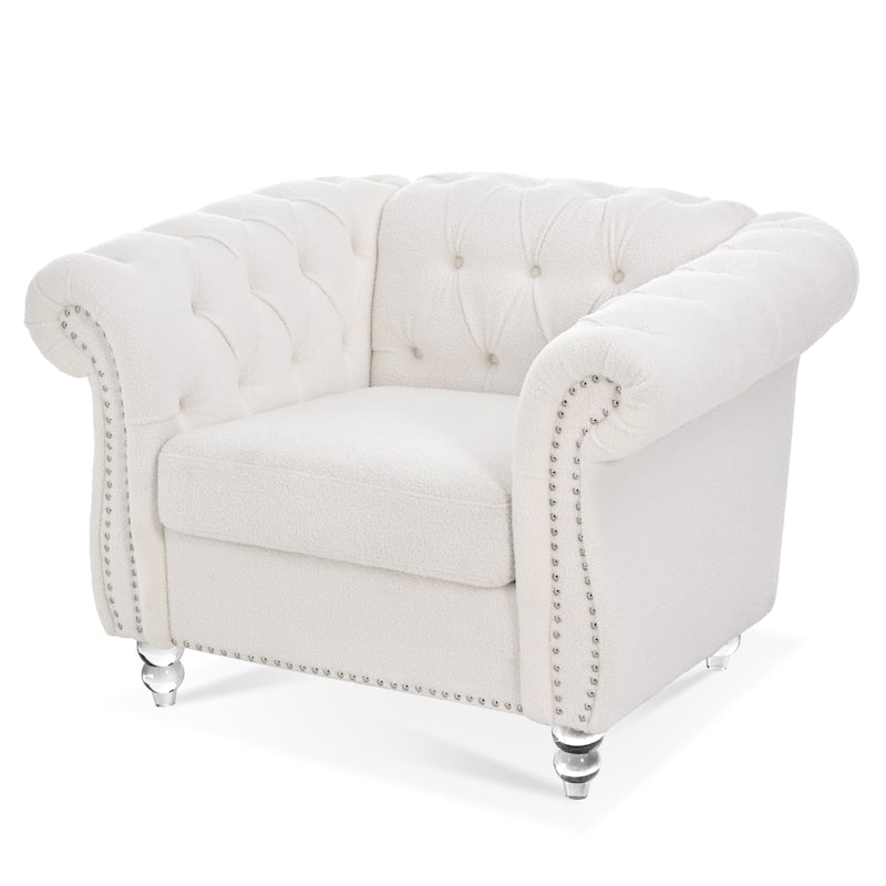 Single Person PU Sofa with Standard Sofa Backrest, Rolled Arm Armrests, Silver Studs, and Solid Wood Legs