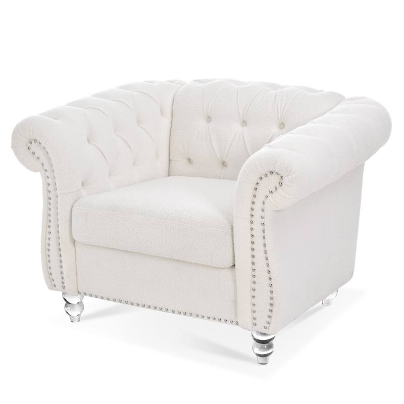 White Teddy Modern 38.98" Upholstered Buttons Tufted Accent Chair with Gourd Shaped Birch Legs and Nailheads