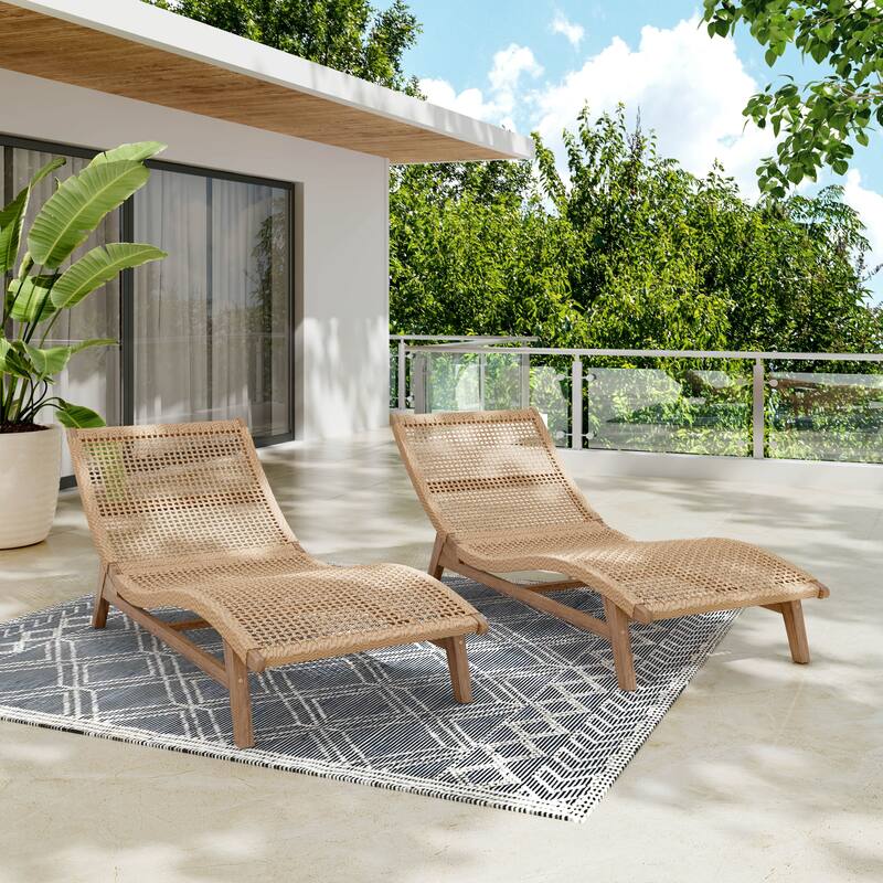 Scott Living Amalfi Outdoor Sun Lounger Acacia Wood Wicker Woven - Set of 2 - TEAK LOOK+BEIGE WICKER