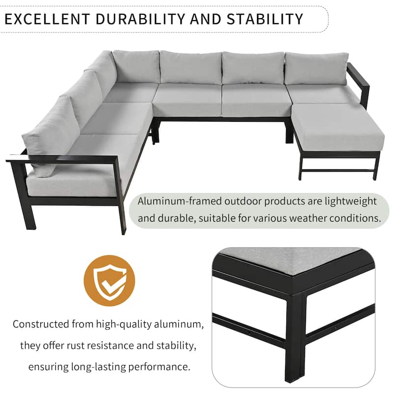 4-Piece Outdoor Patio Aluminum U-Shaped Sectional Sofa Set with Thick Cushions