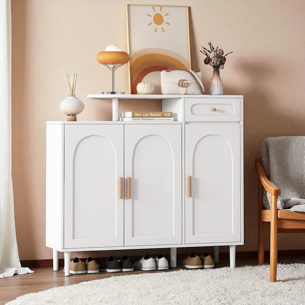 Elegant Entryway Shoe Storage Cabinet with Arched Doors & Drawer, Adjustable Shelves, Solid Wood Legs