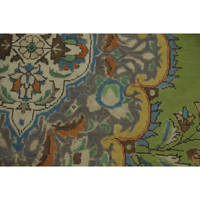 Hand Knotted Oriental 100% Wool Carpet Traditional Floral Green Tabriz Area Rug - 9' 5'' X 6' 5''