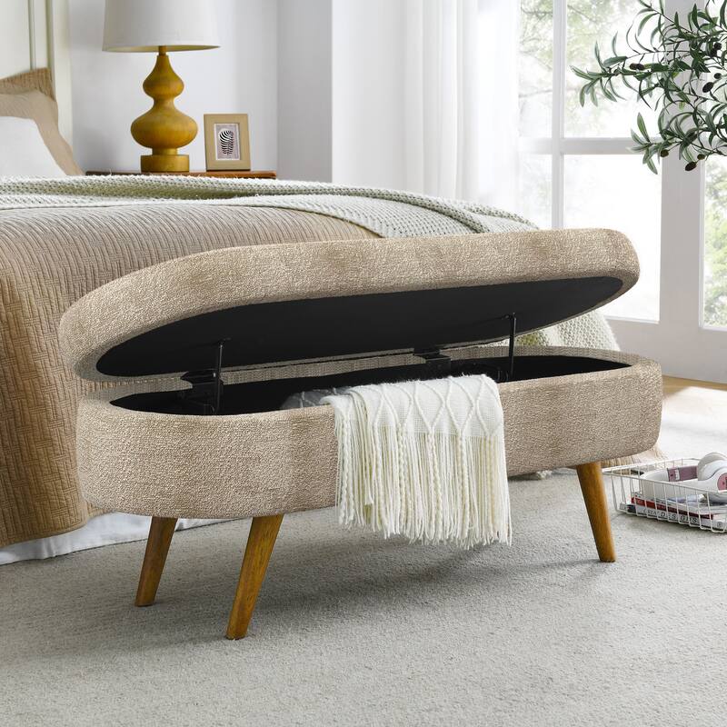 43.5 in. Oval Bedroom Bench Linen Fabric Upholstered Storage Ottoman Bench with Solid Wood Legs Entryway Bench