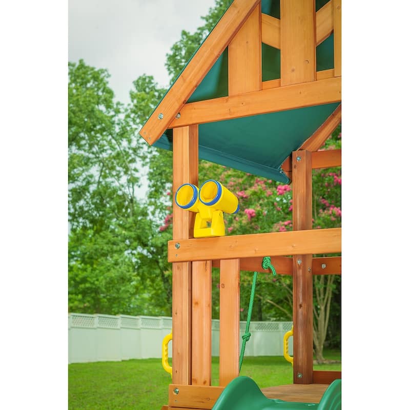 Mountain View Swing Set with Tarp Roof, Climbing Wall, Monkey Bars
