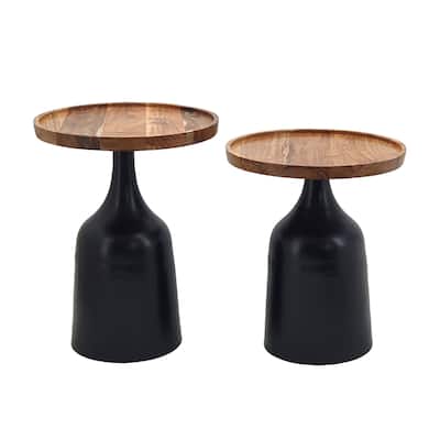 Retro Round Side Tables With Metal Base 19.5" Black and Brown 2Ct