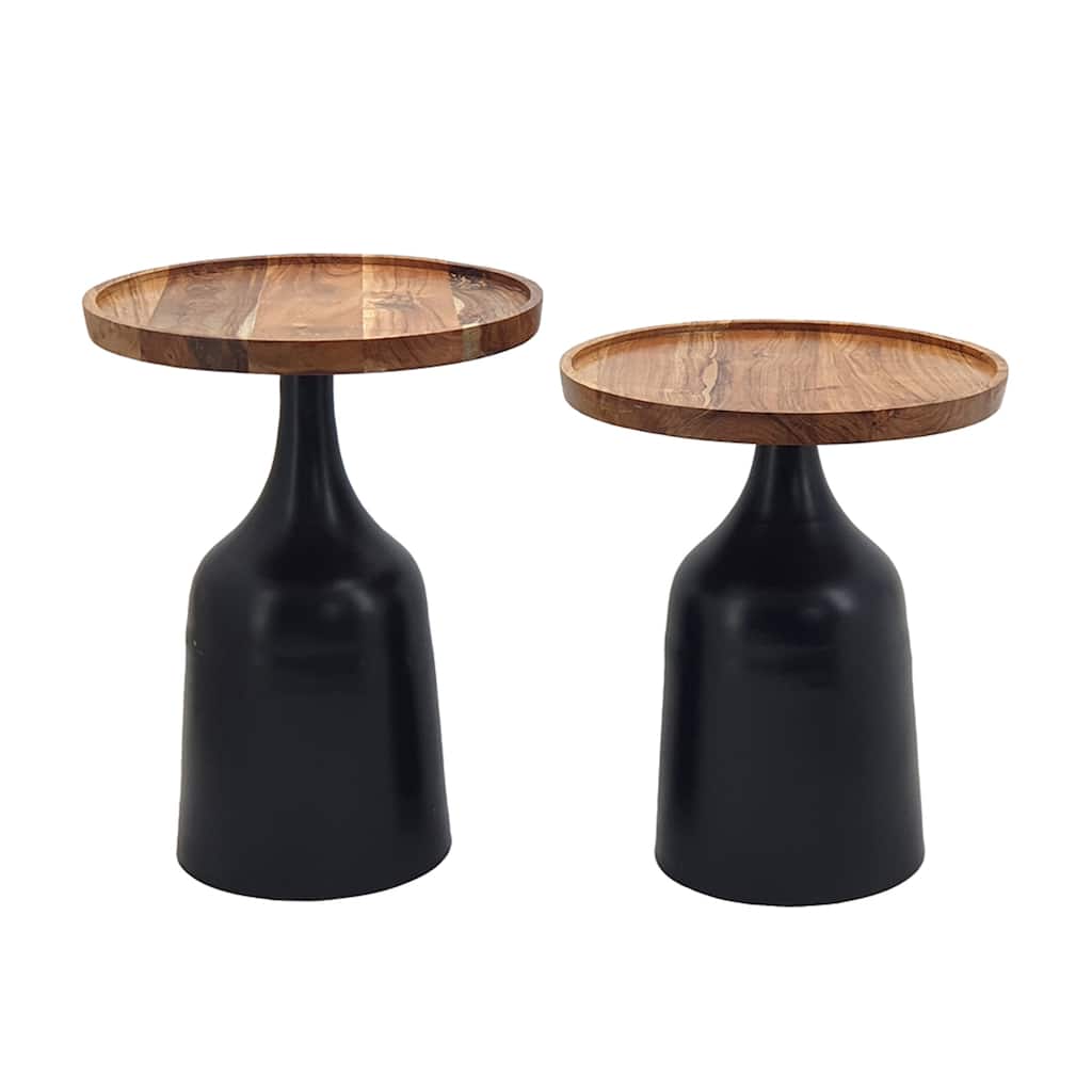 Retro Round Side Tables With Metal Base 19.5" Black and Brown 2Ct