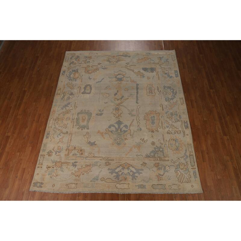 Transitional Beige Oushak Turkish Area Rug Hand-Knotted Wool Carpet - 7'11"x 9'11"