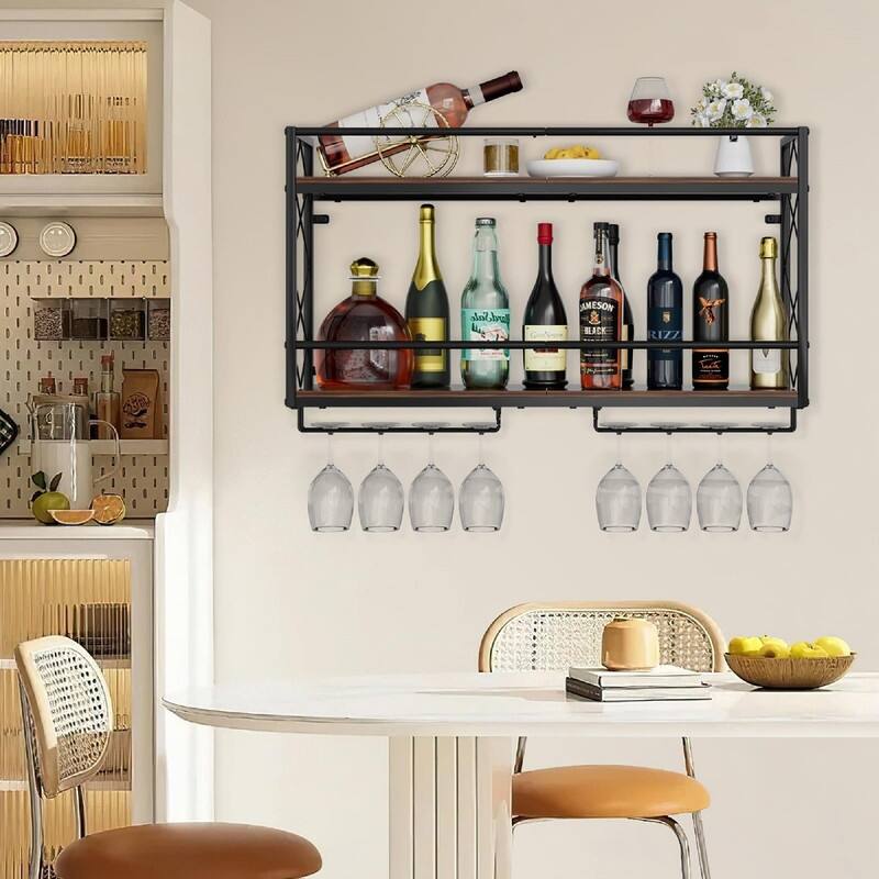 Wall Mounted 2 Tier Wine Rack with Glass Holder - 31.5"D x 16.93"W x 7.87"H