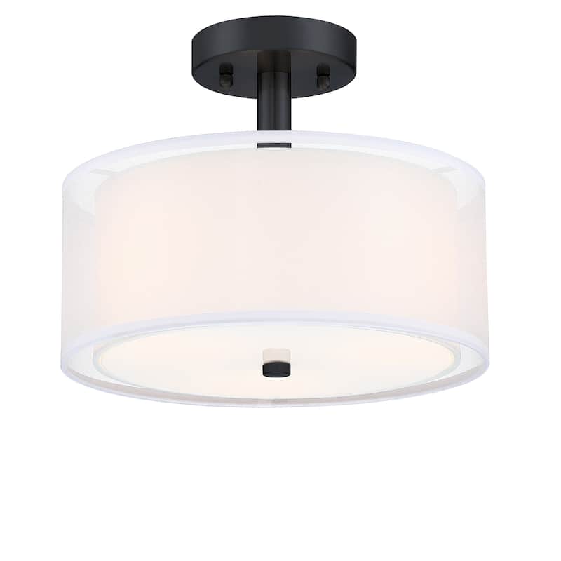 3-Light 11-in Matte Black Semi Flush Mount Light With Fabric Shade - 12-in