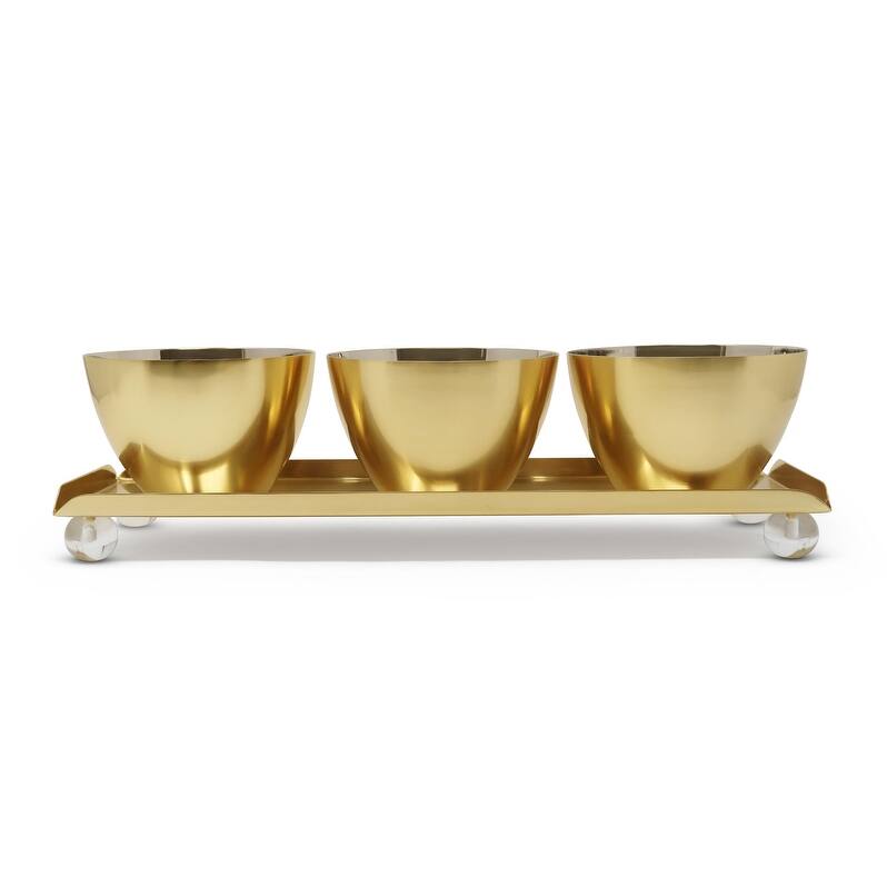 3 Bowl Relish Dish on Tray Gold with Clear Ball Legs - 14.8"L