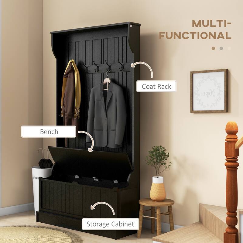 Modern Coat Rack with Anti-Tip Device Storage Bench 5 Hooks and Shoe Cabinet, for Entry and Hallway, Distressed White